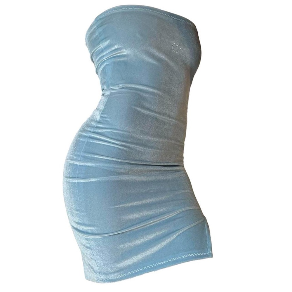 Strapless Light Blue Velvet Dress with Rhinestone Heart